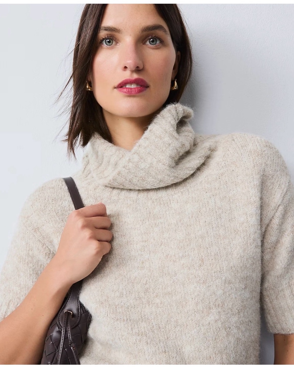 NEW ANN TAYLOR Turtleneck Elbow Sleeve Sweater Tee in Neutral sz S